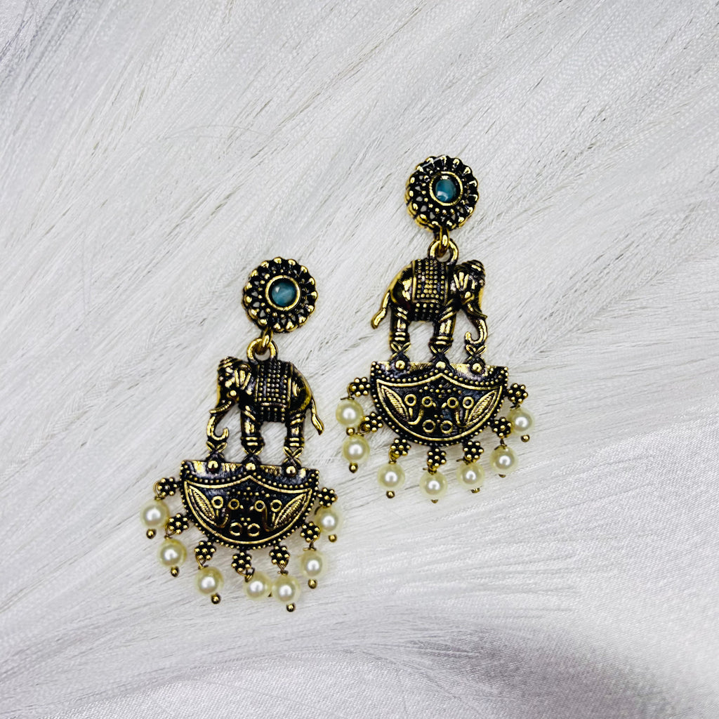 elephant shapes sky- blue stone golden ethnic drop earring 