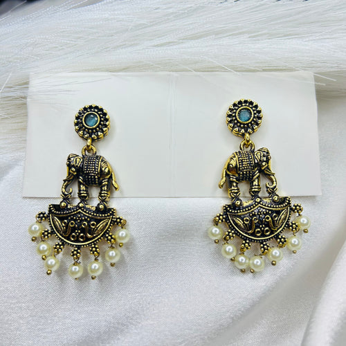 elephant shapes sky- blue stone golden ethnic drop earring 
