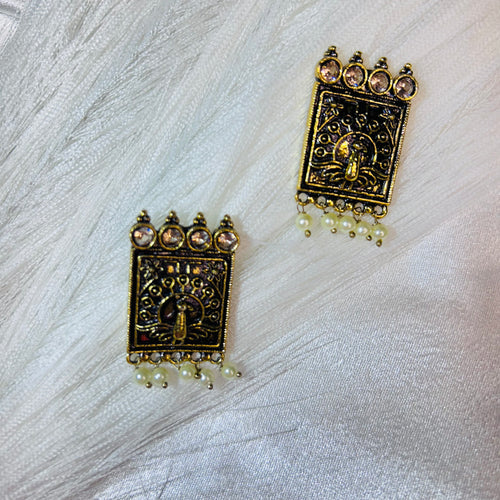 peacock styled ethnic stud square golden earring