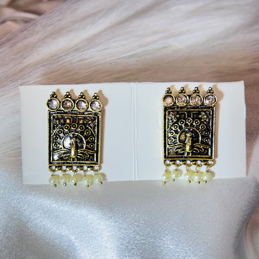 peacock styled ethnic stud square golden earring