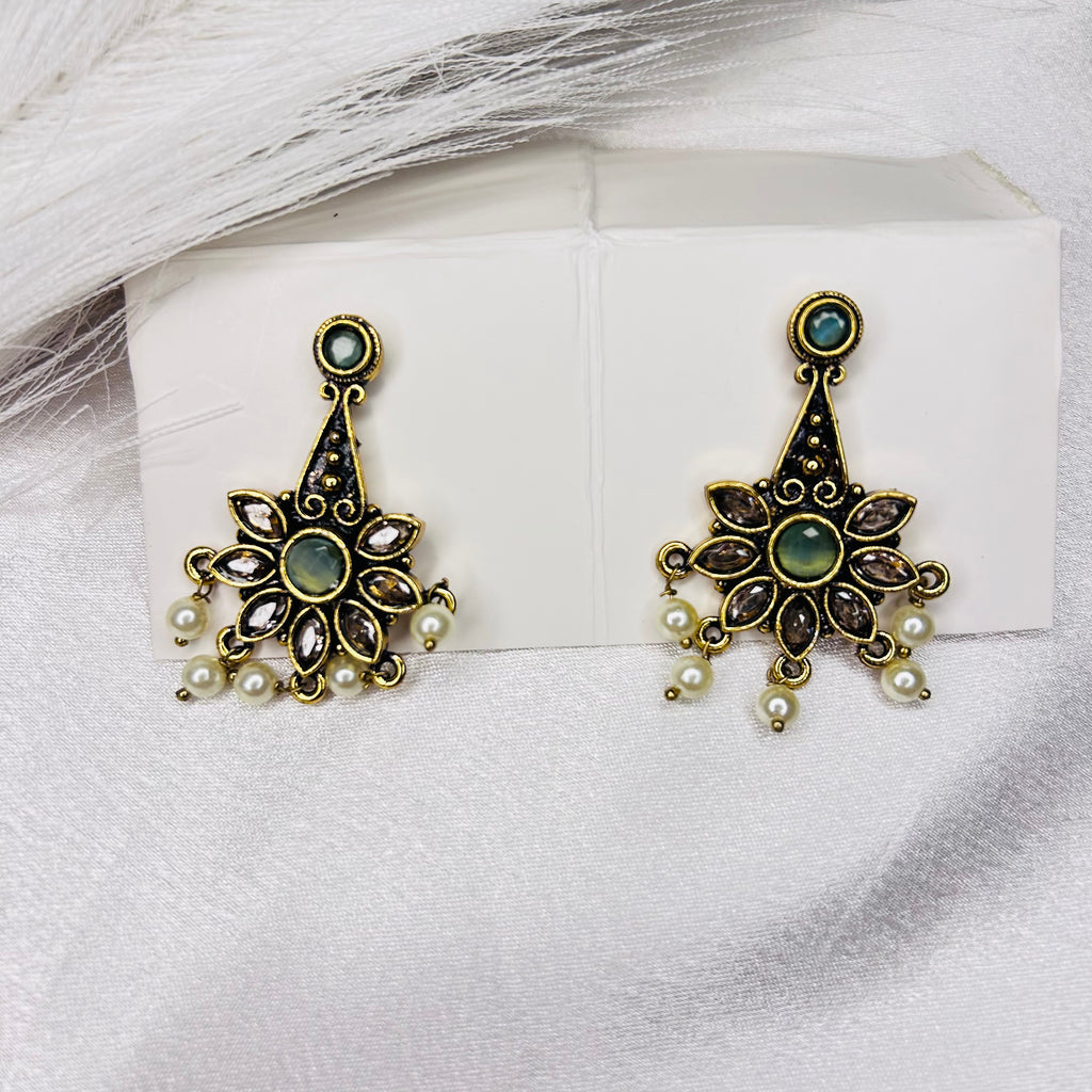 Ethnic gold tone Sea green stone Floral design Indian earrings
