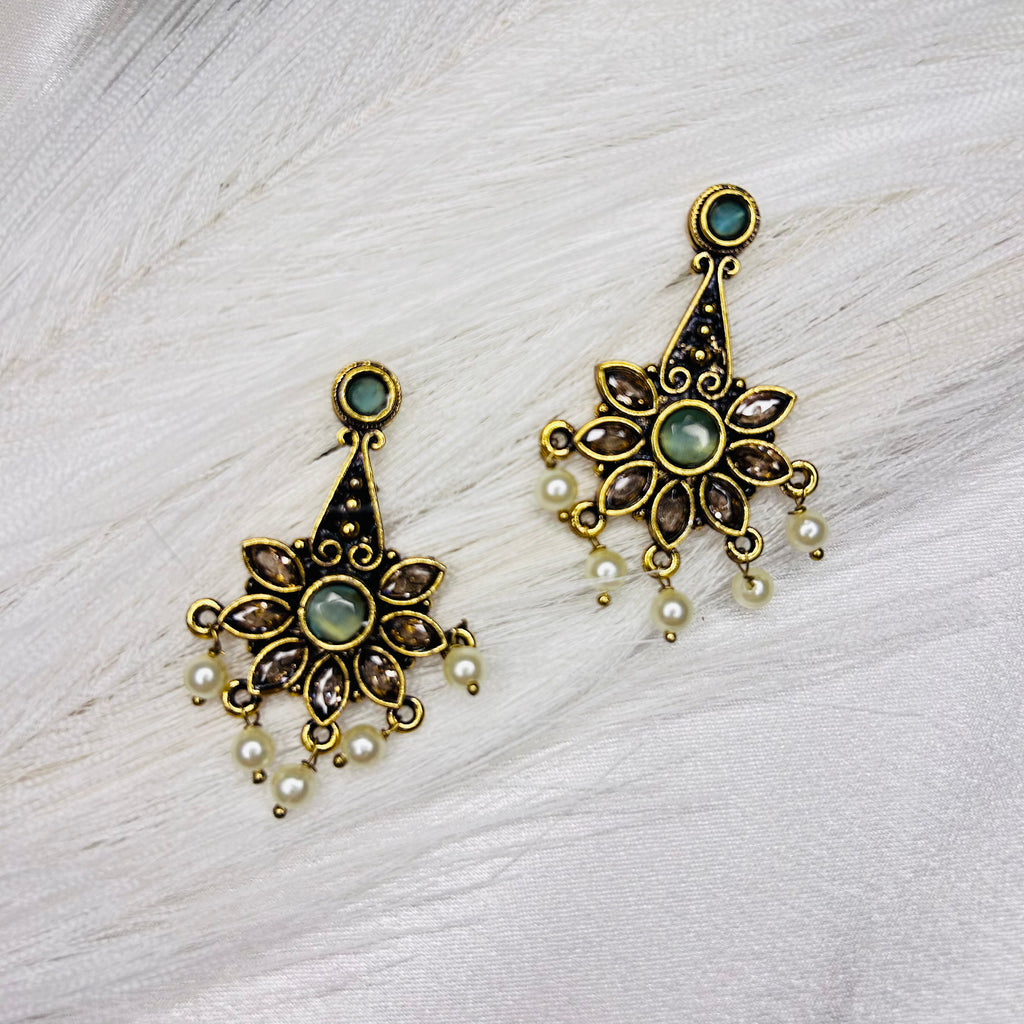 Ethnic gold tone Sea green stone Floral design Indian earrings
