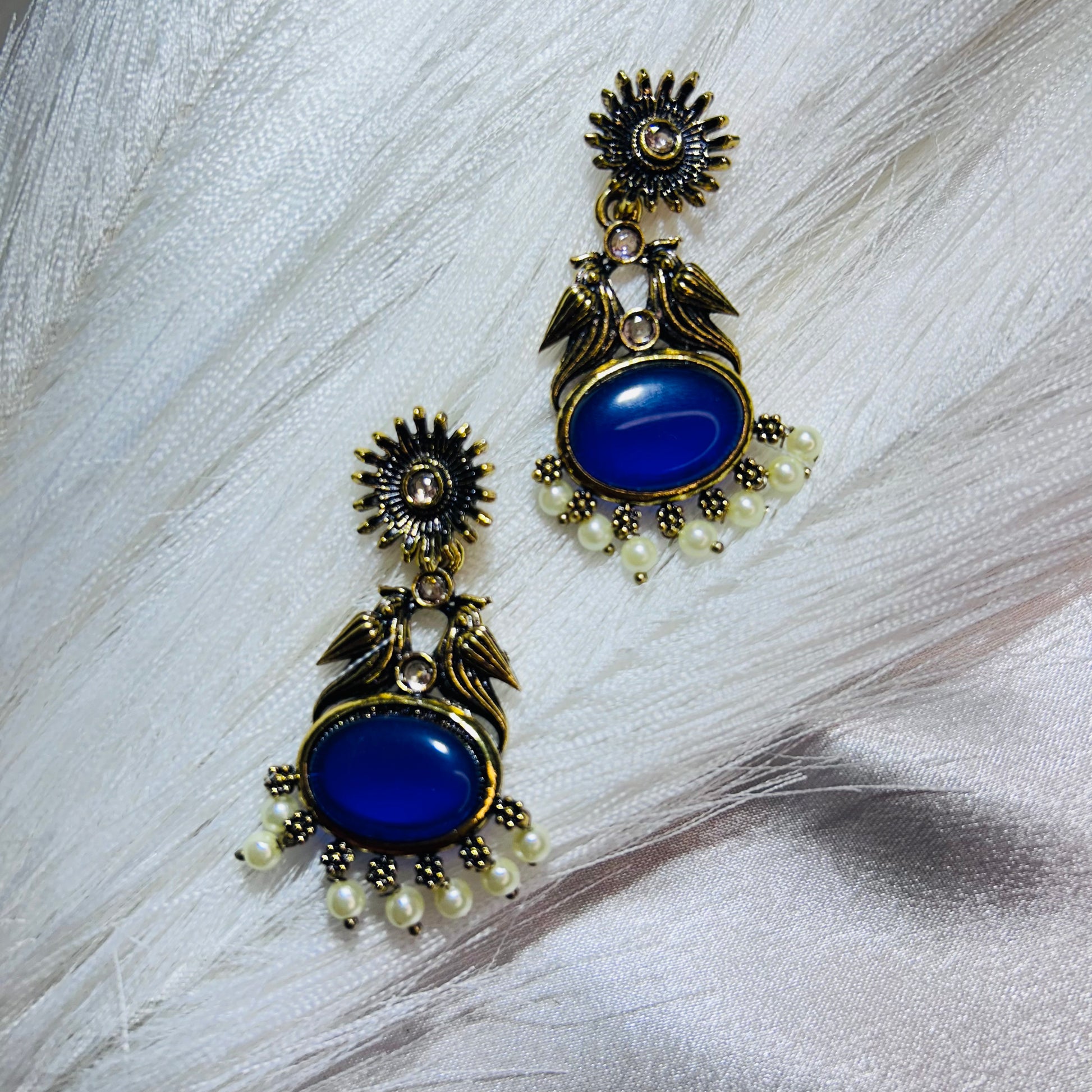 Royal Blue Stone Ethnic Stud Earrings – Golden Tone Traditional Earrings for Women