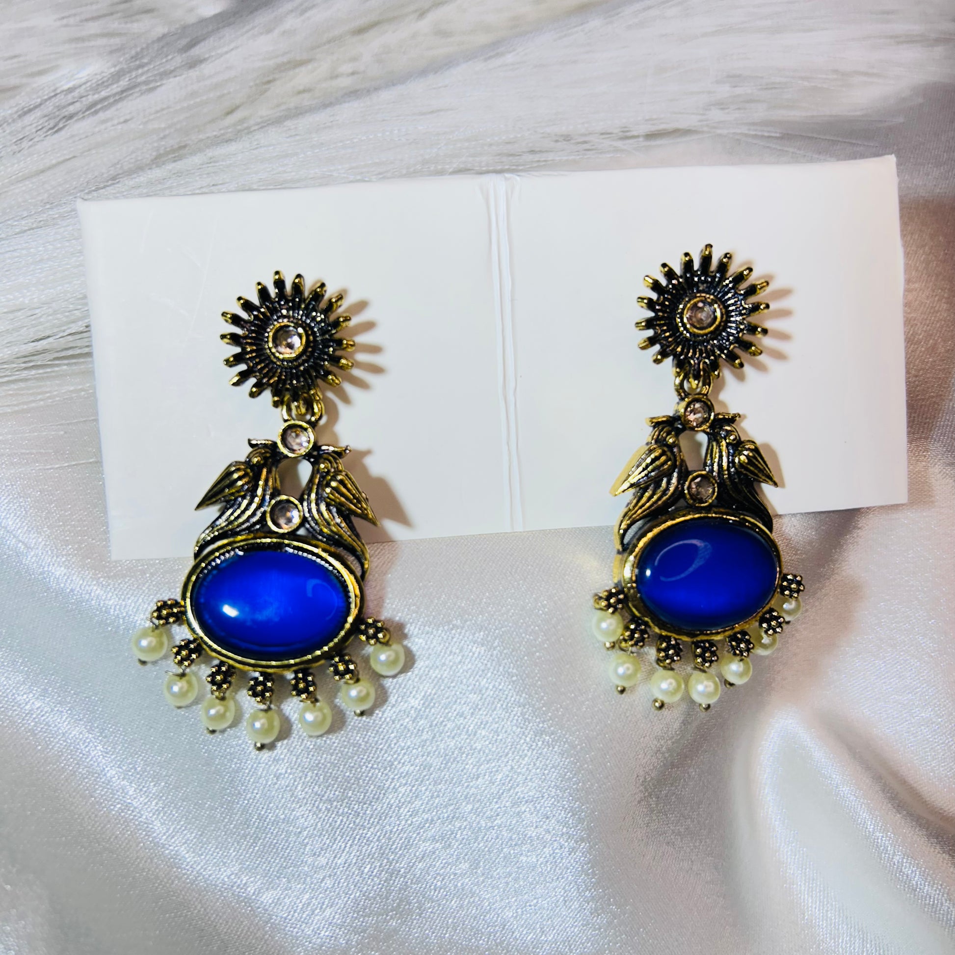 Royal Blue Stone Ethnic Stud Earrings – Golden Tone Traditional Earrings for Women
