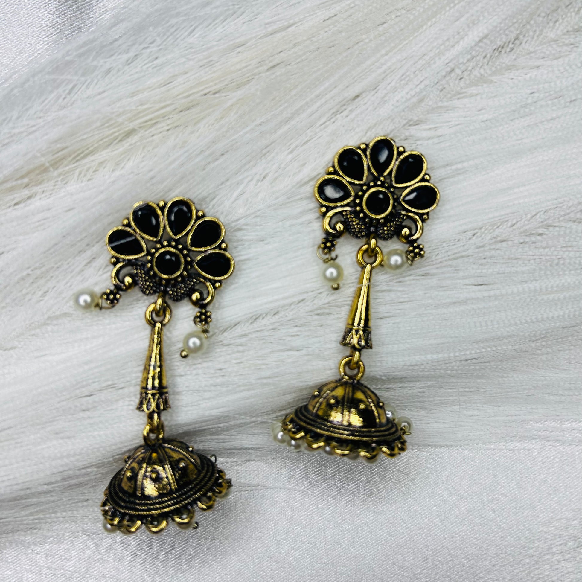 Jhumka Earrings with Black Stone Floral Design