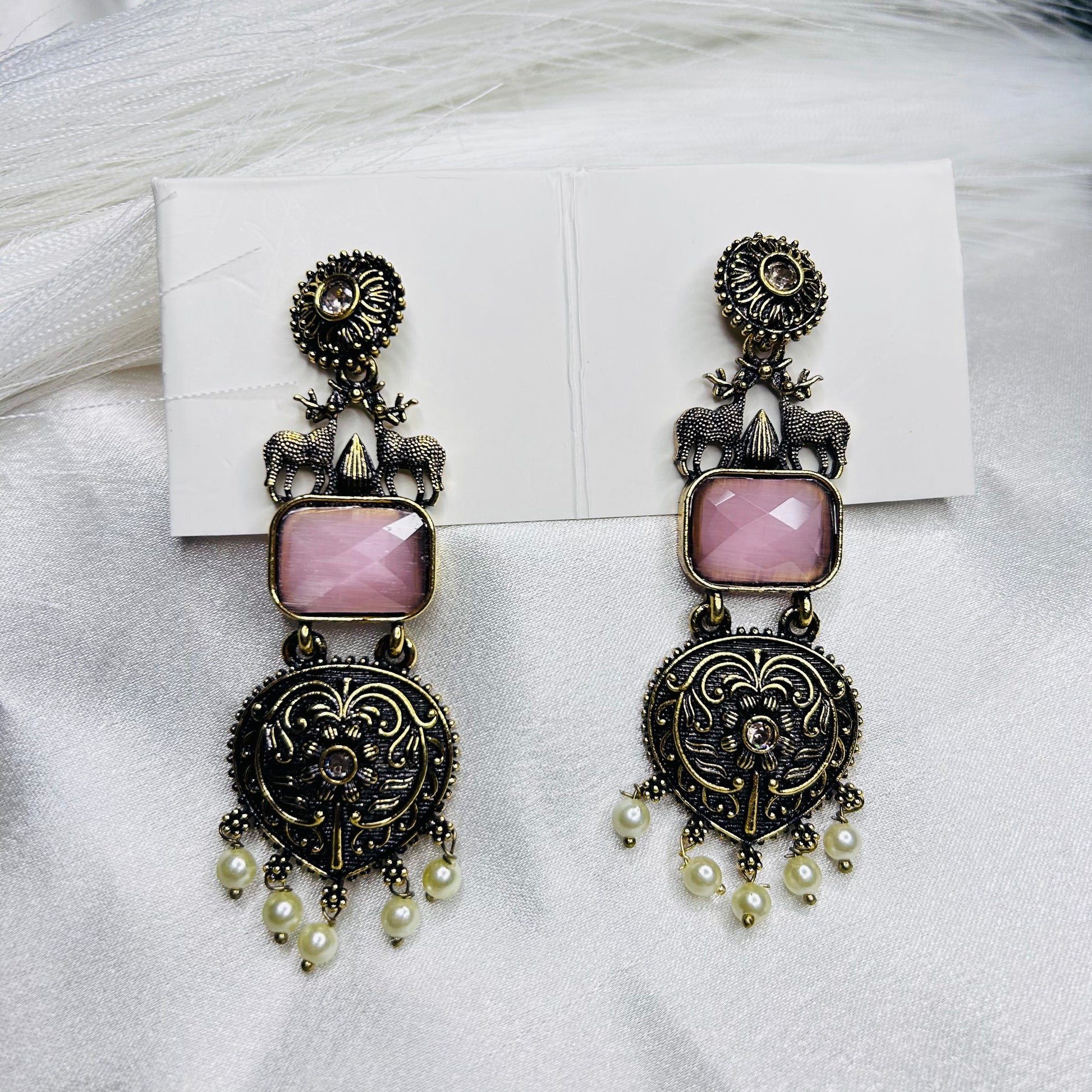 Golden Elegance Baby Pink Stone Long Ethnic Dangler Earrings