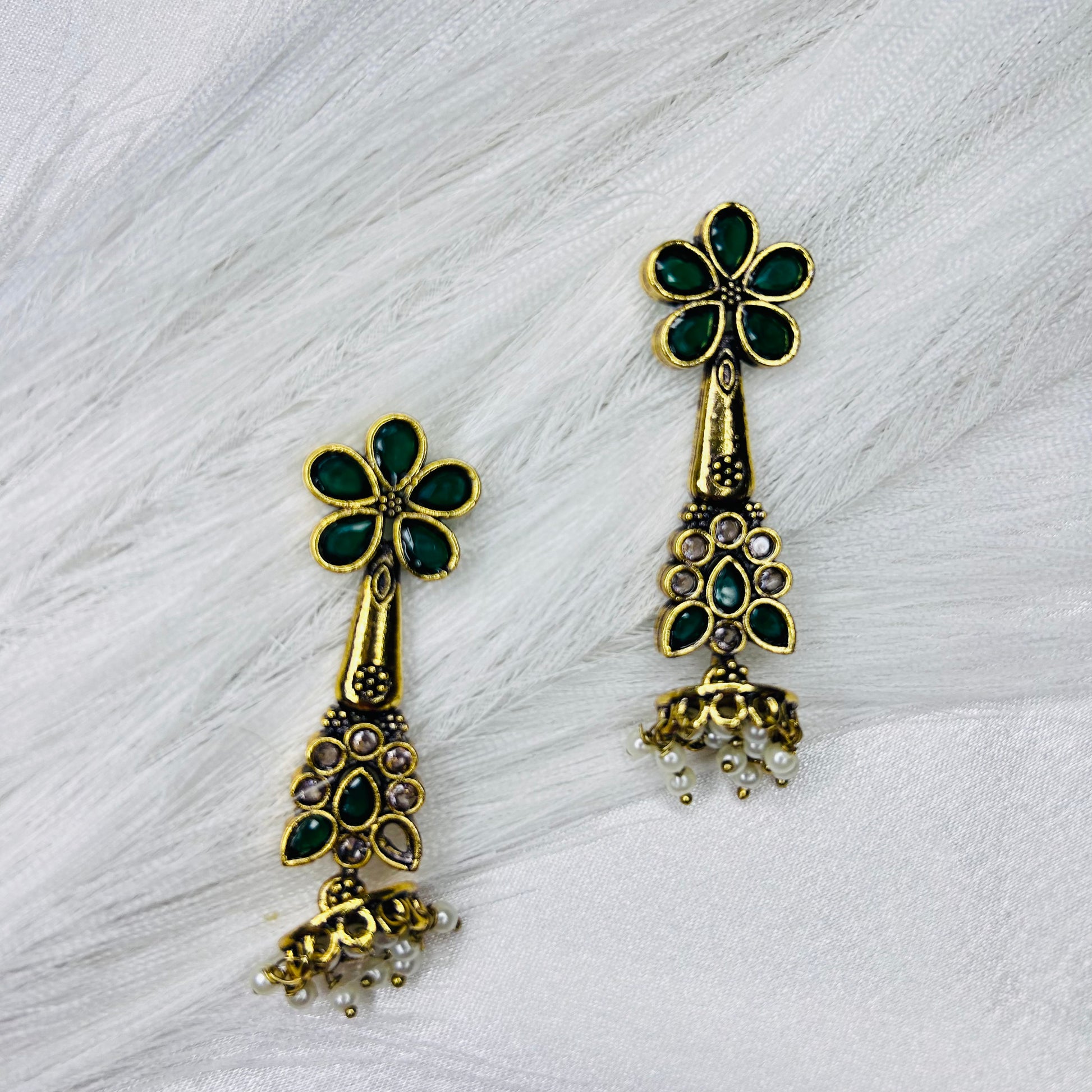 Golden Tone with Forest Green Stone ethnic drop earrings