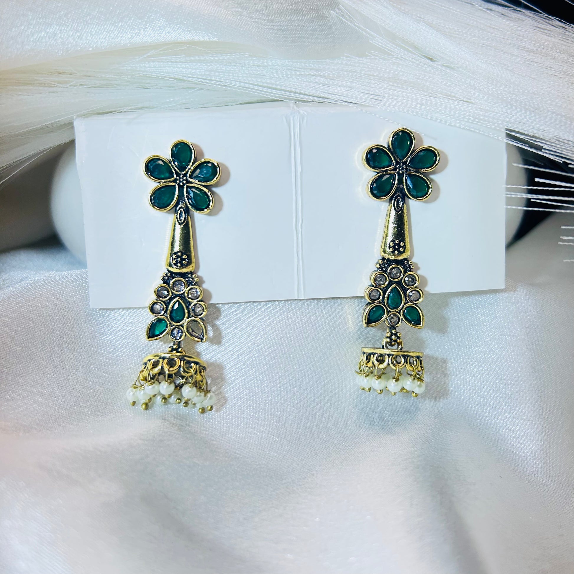 Golden Tone with Forest Green Stone ethnic drop earrings