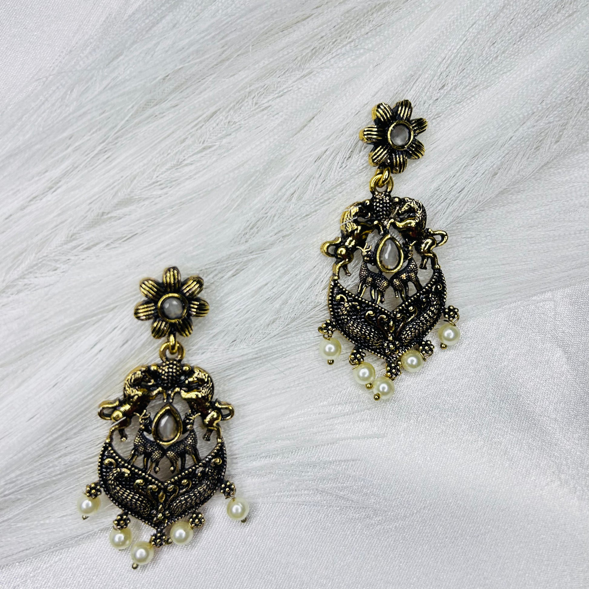 Gold-Tone Drop Earrings with Horse & Deer Motif