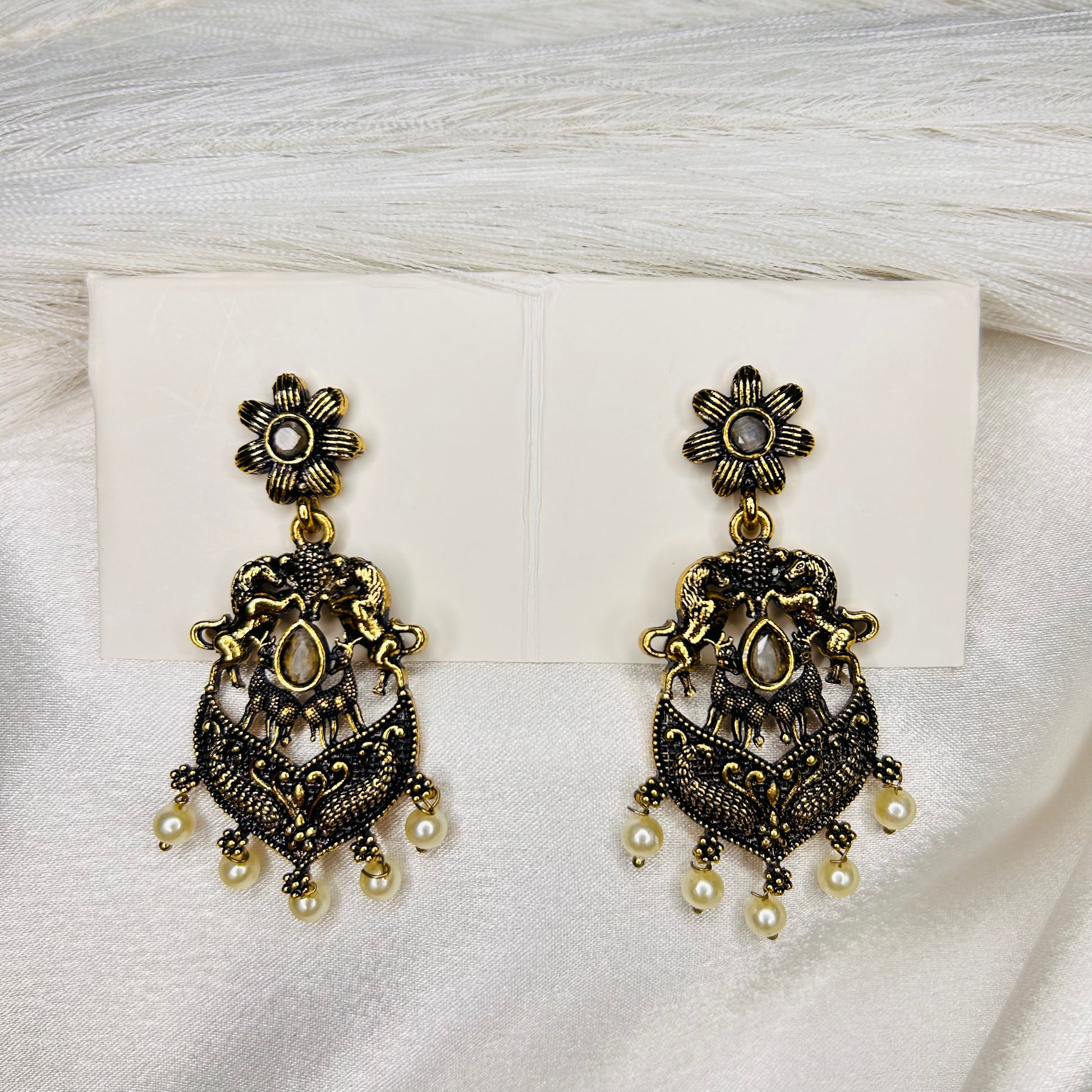 Gold-Tone Drop Earrings with Horse & Deer Motif
