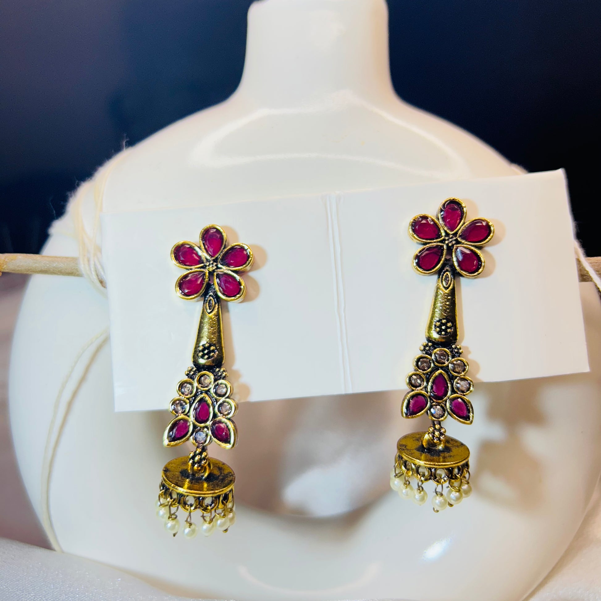 Royal Bloom Hot Pink Stone Golden Jhumka Earrings