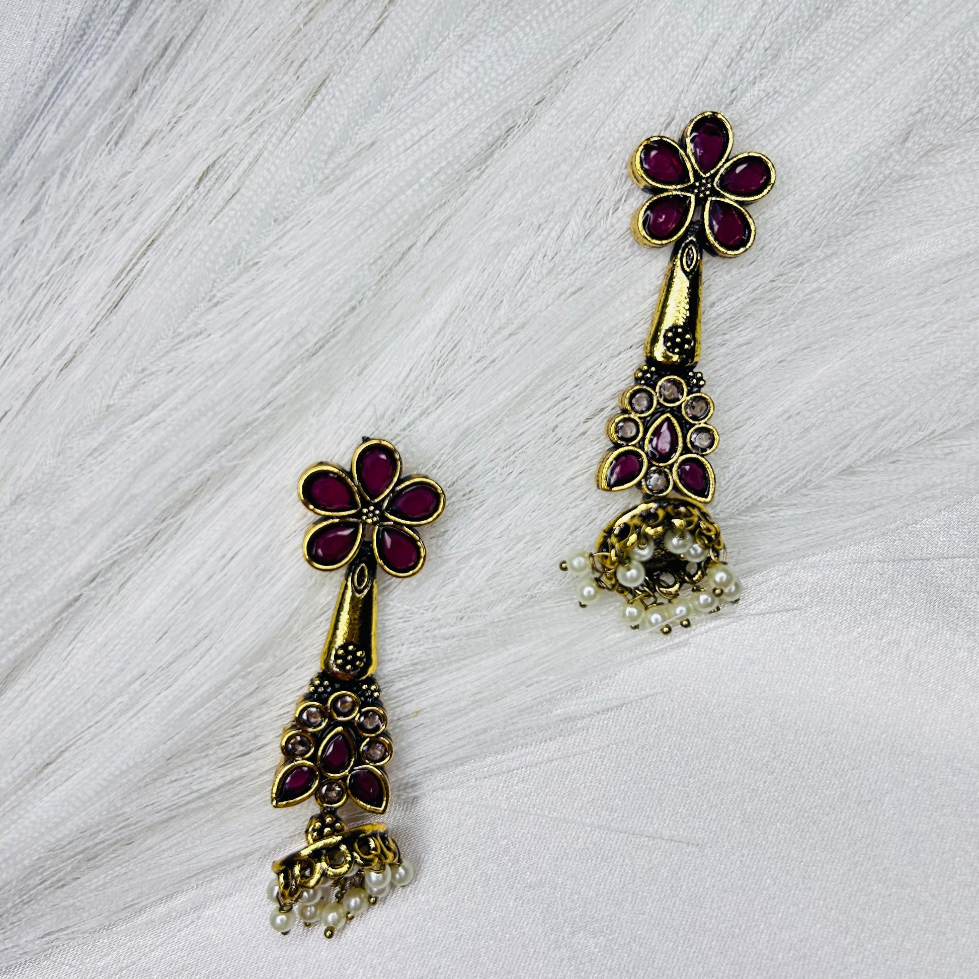 Royal Bloom Hot Pink Stone Golden Jhumka Earrings