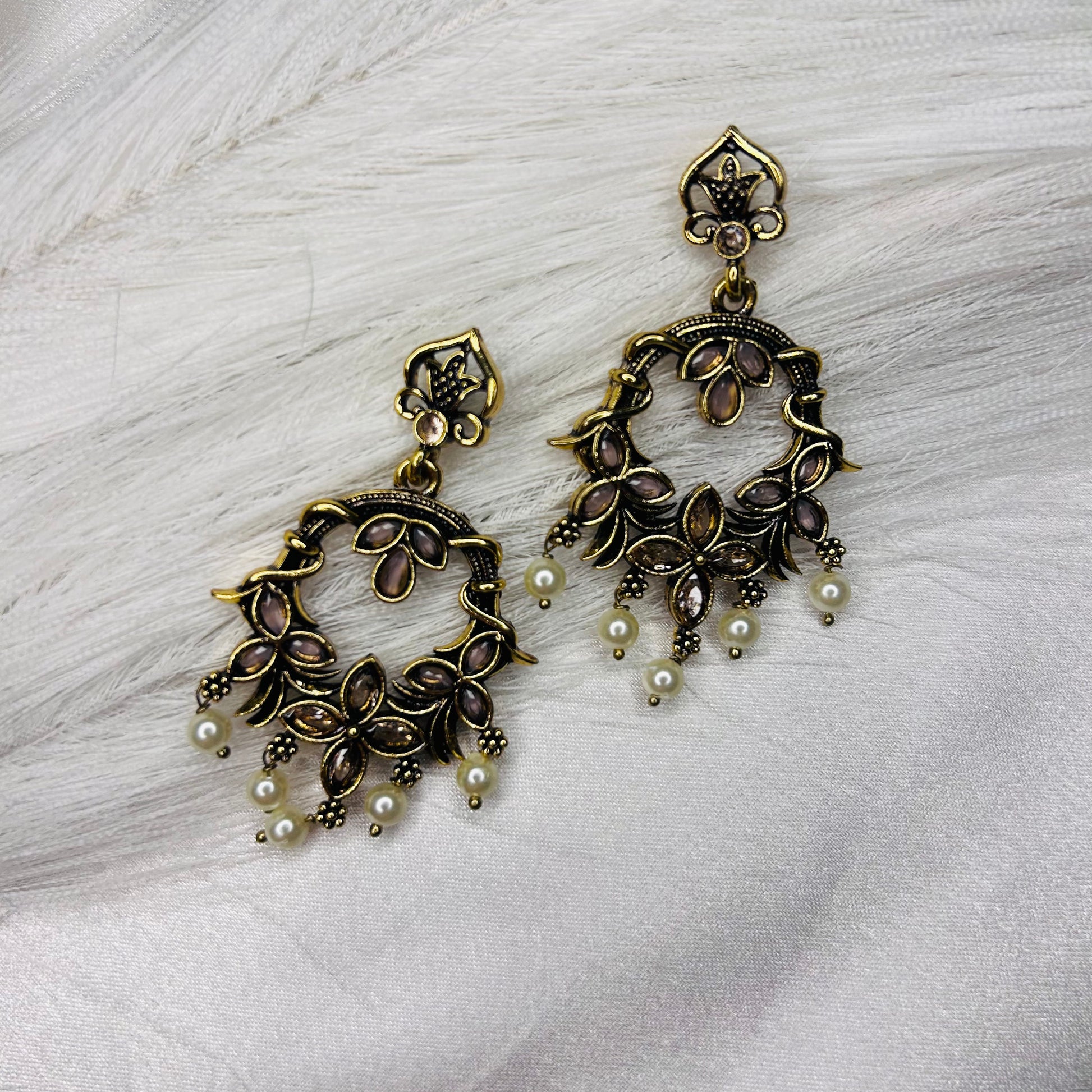 Leaf Chandbali Earrings with Light Pink Drop – Golden Ethnic Wedding Jewellery