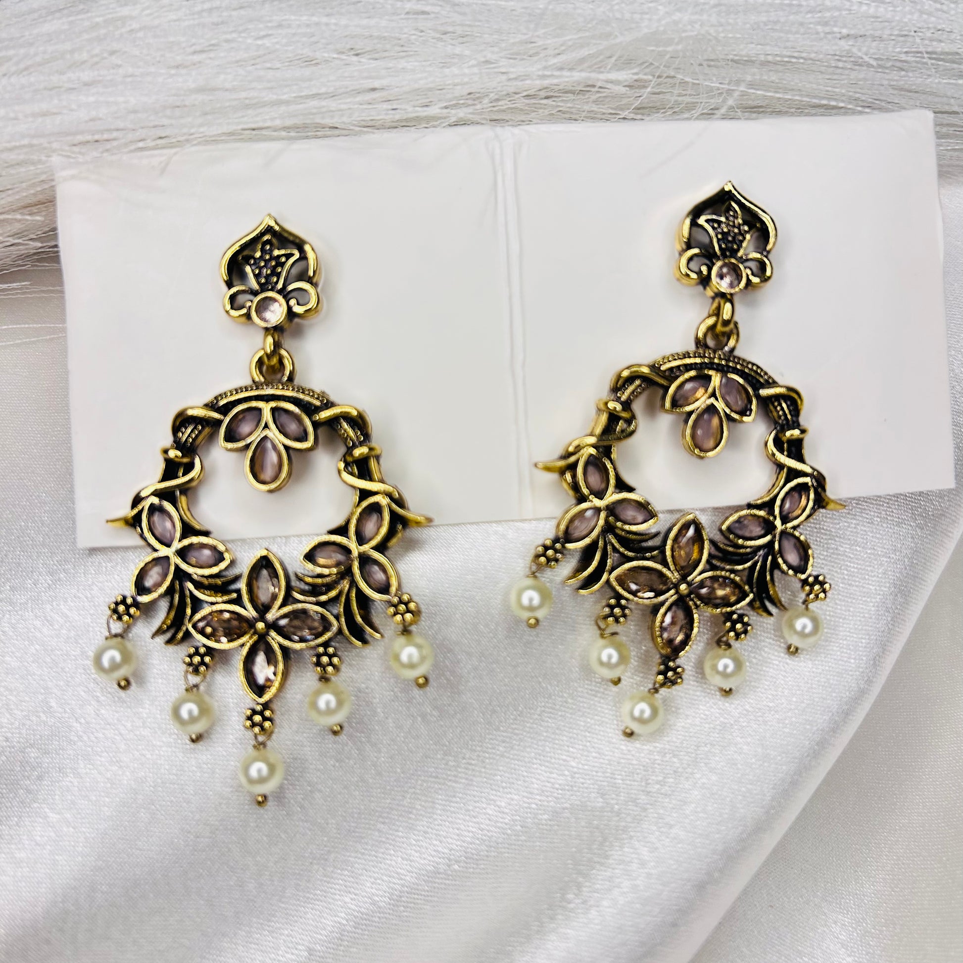 Leaf Chandbali Earrings with Light Pink Drop – Golden Ethnic Wedding Jewellery