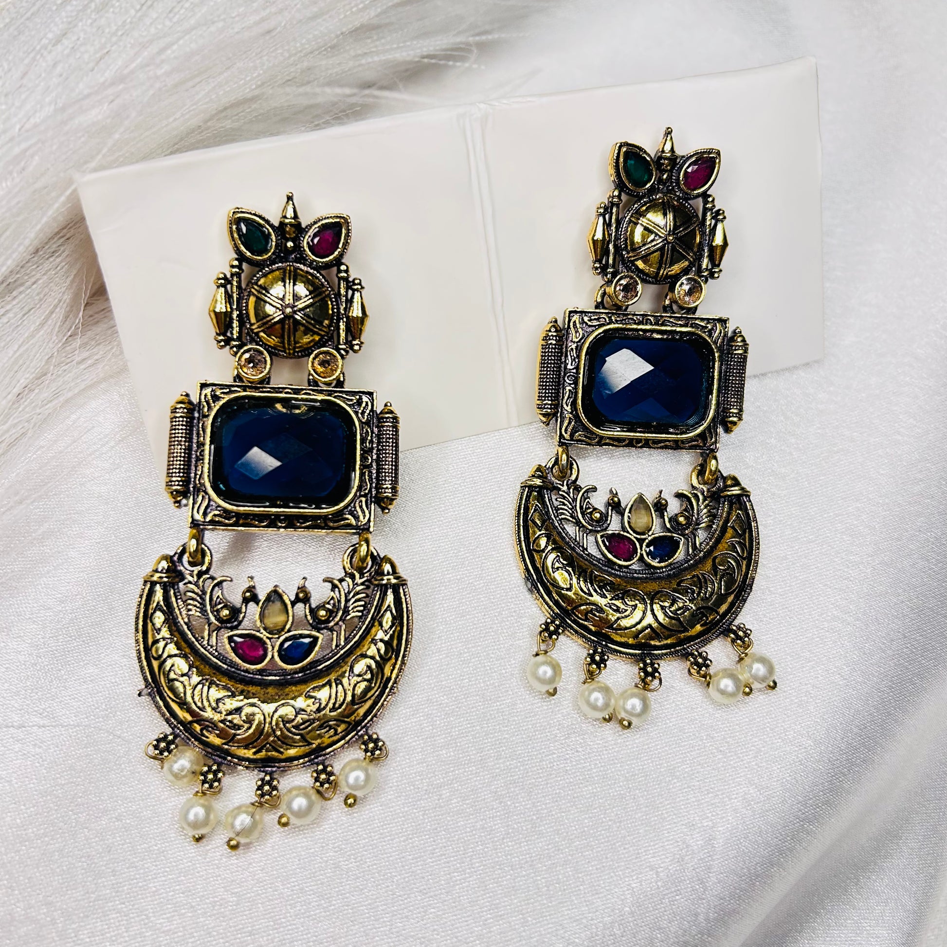 Royal Blue Half-Moon Ethnic Dangler Earrings