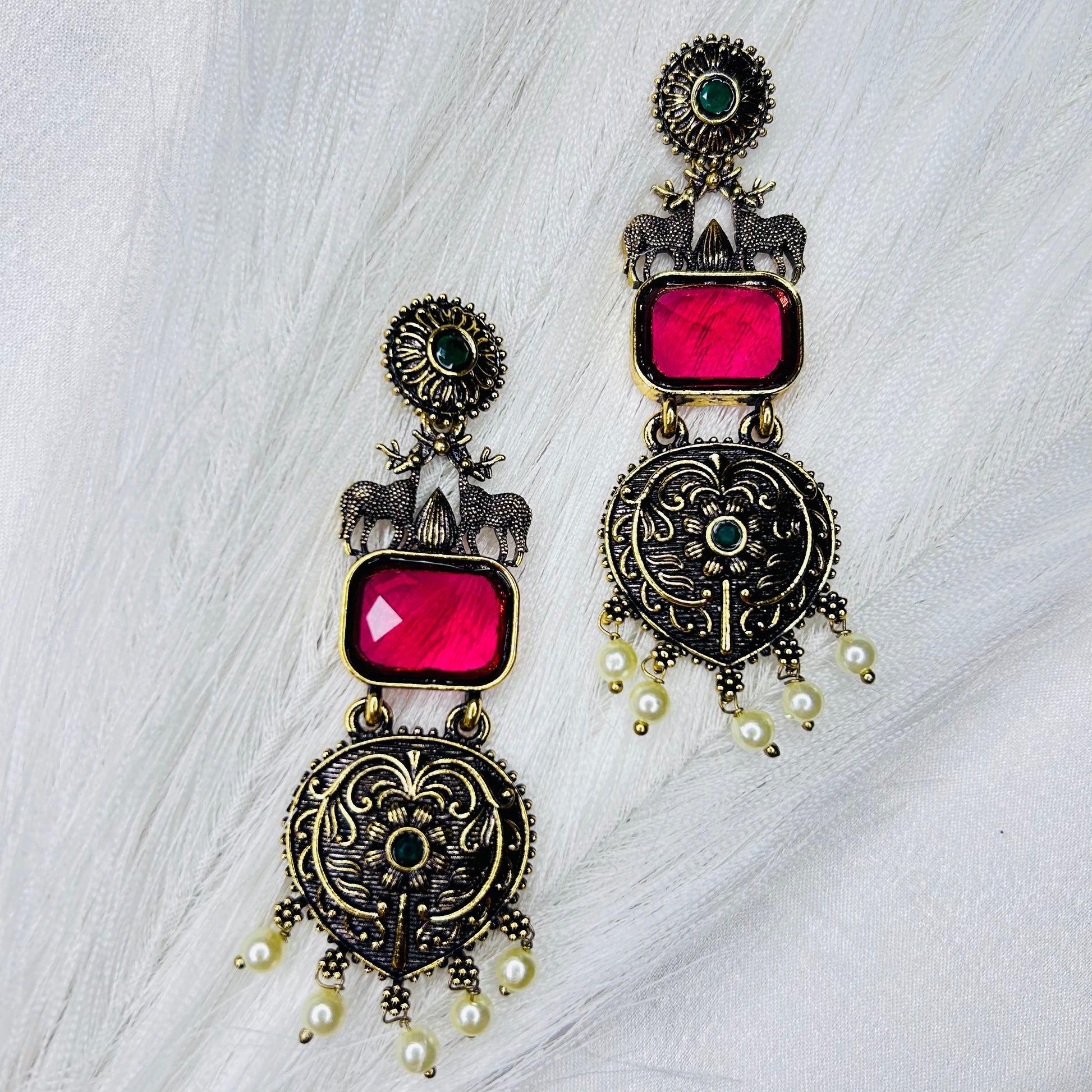 Hot Pink Stone Deer Motif Ethnic Dangler Earrings