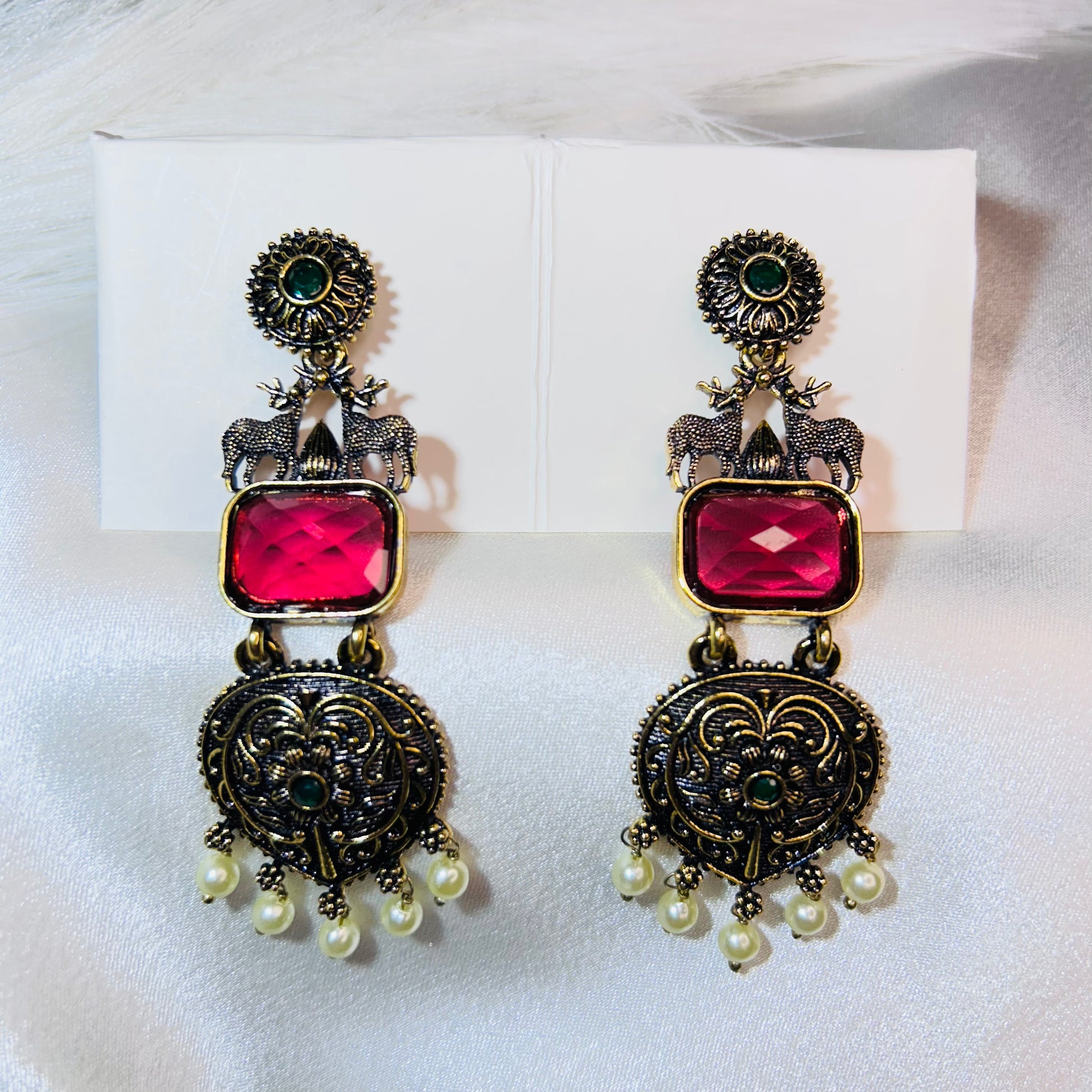 Hot Pink Stone Deer Motif Ethnic Dangler Earrings