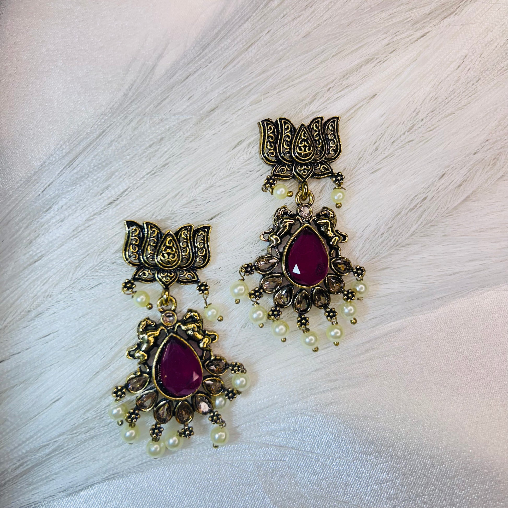 Lotus Motif Golden Drop Earrings