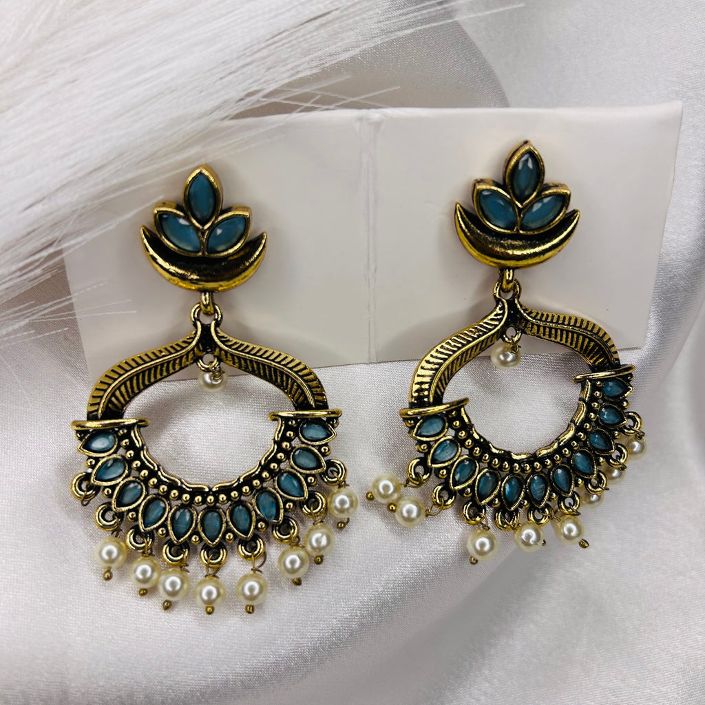 Ethnic Golden Chandbali Danglers with Sky Blue Lotus Top
