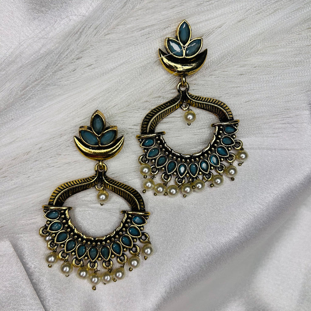 Ethnic Golden Chandbali Danglers with Sky Blue Lotus Top