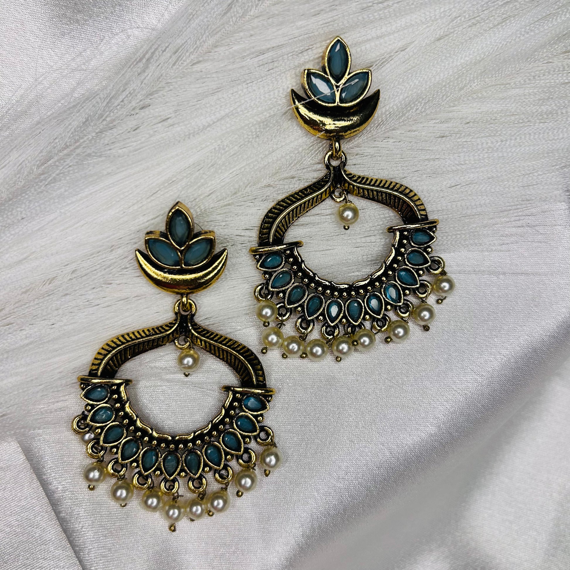 Ethnic Golden Chandbali Danglers with Sky Blue Lotus Top