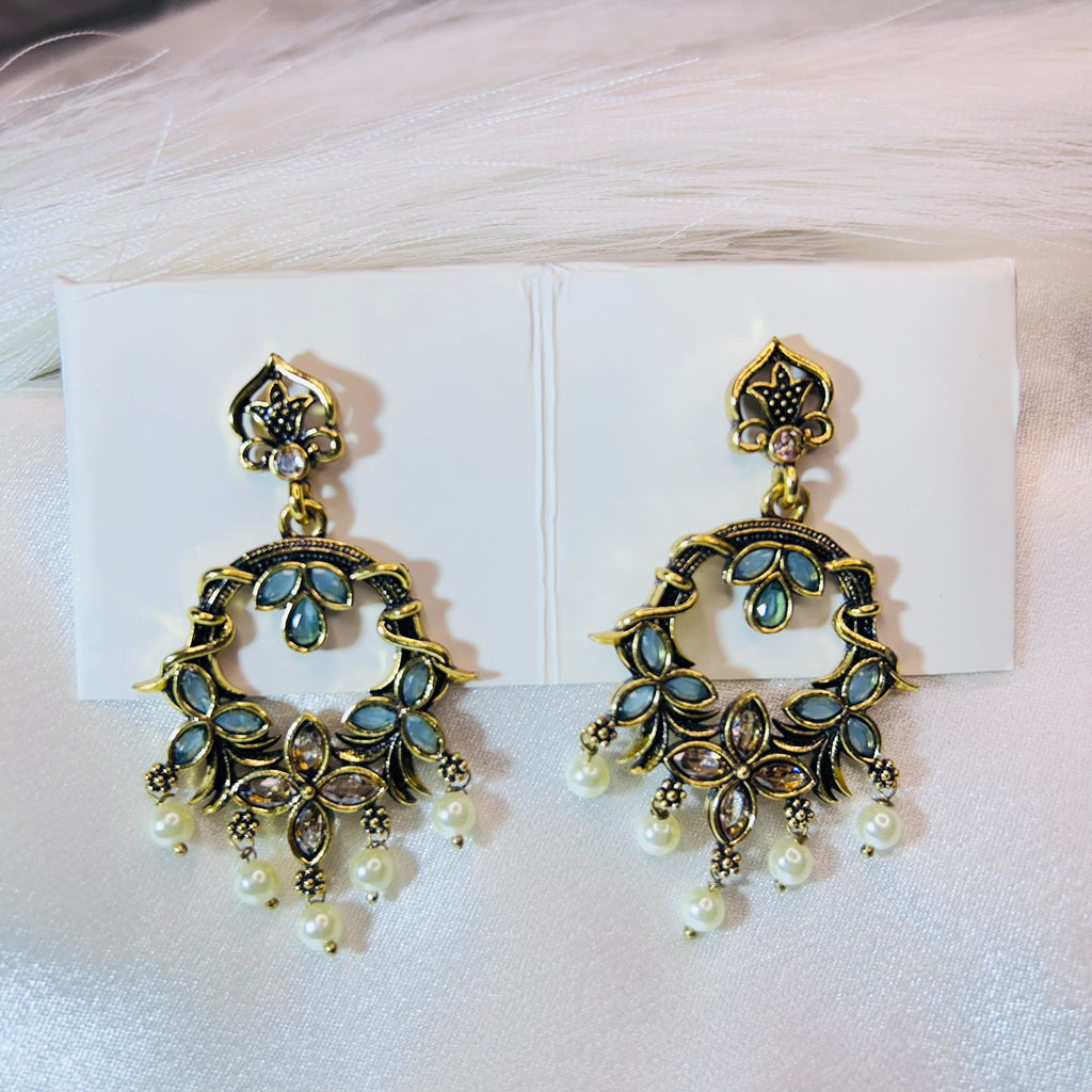 Ethnic Golden Drop Earrings with sky blue Leaf Chandbali design Bottom