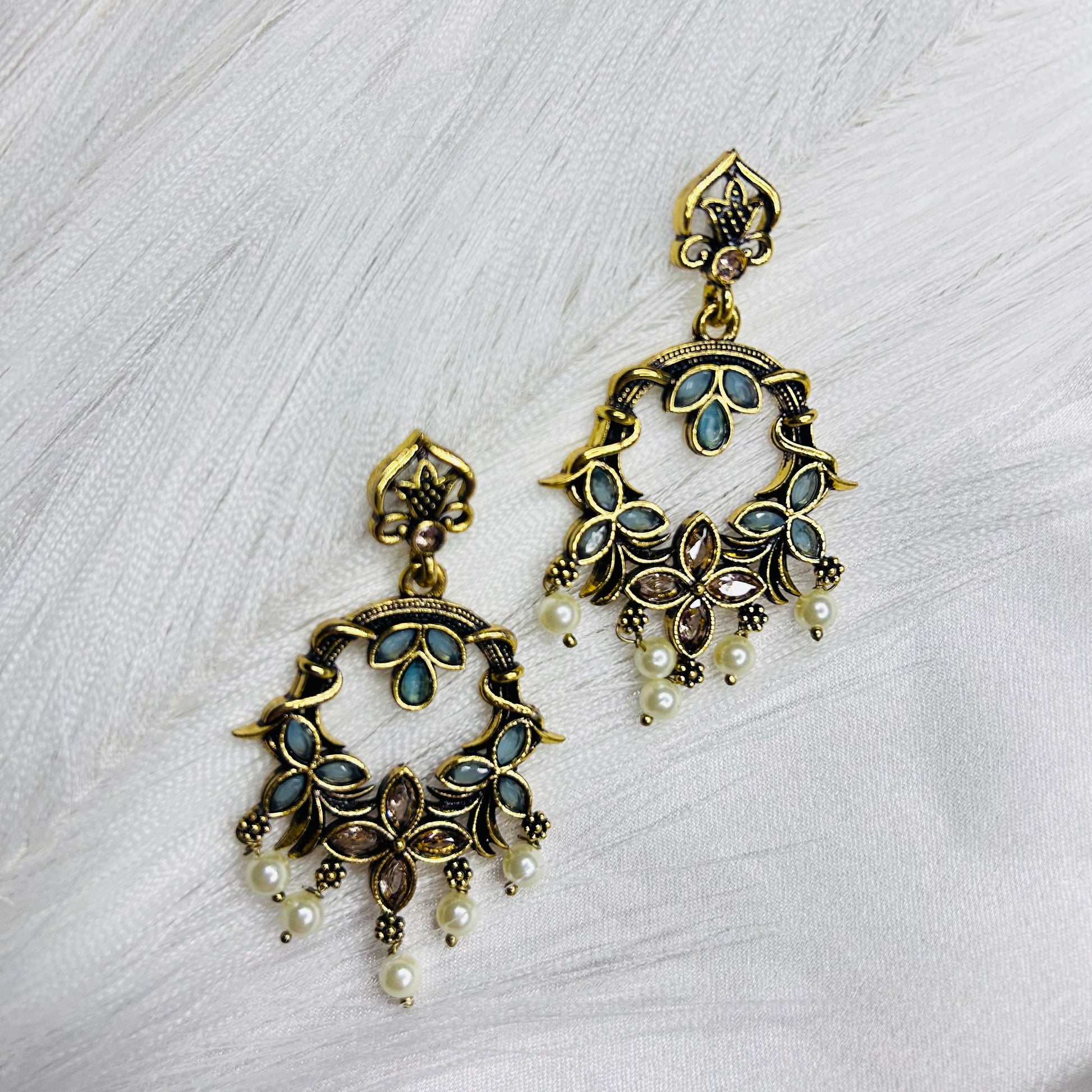 Ethnic Golden Drop Earrings with sky blue Leaf Chandbali design Bottom