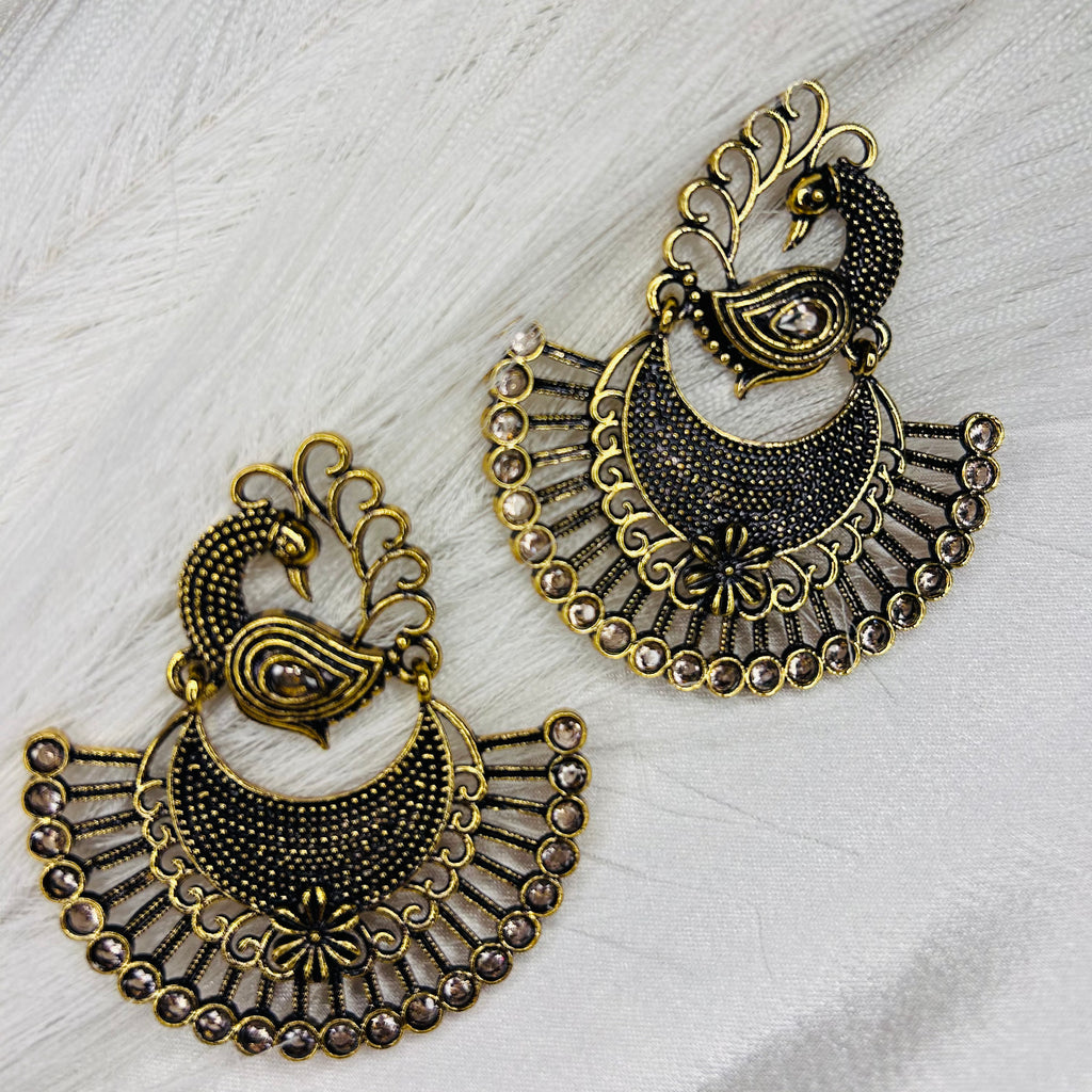 Golden Peacock Shaped Ethnic Drop Earrings