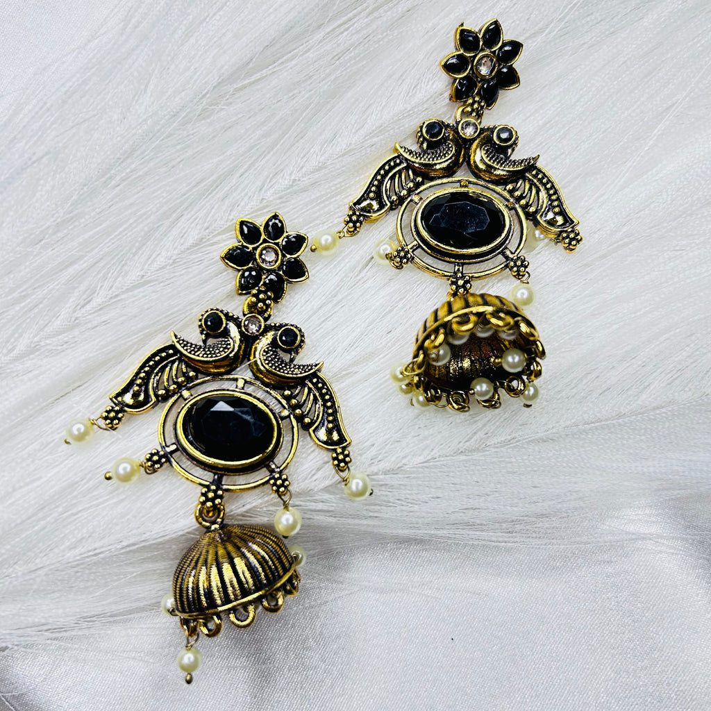 Ethnic Golden Peacock Dangler Earrings with Black Stone