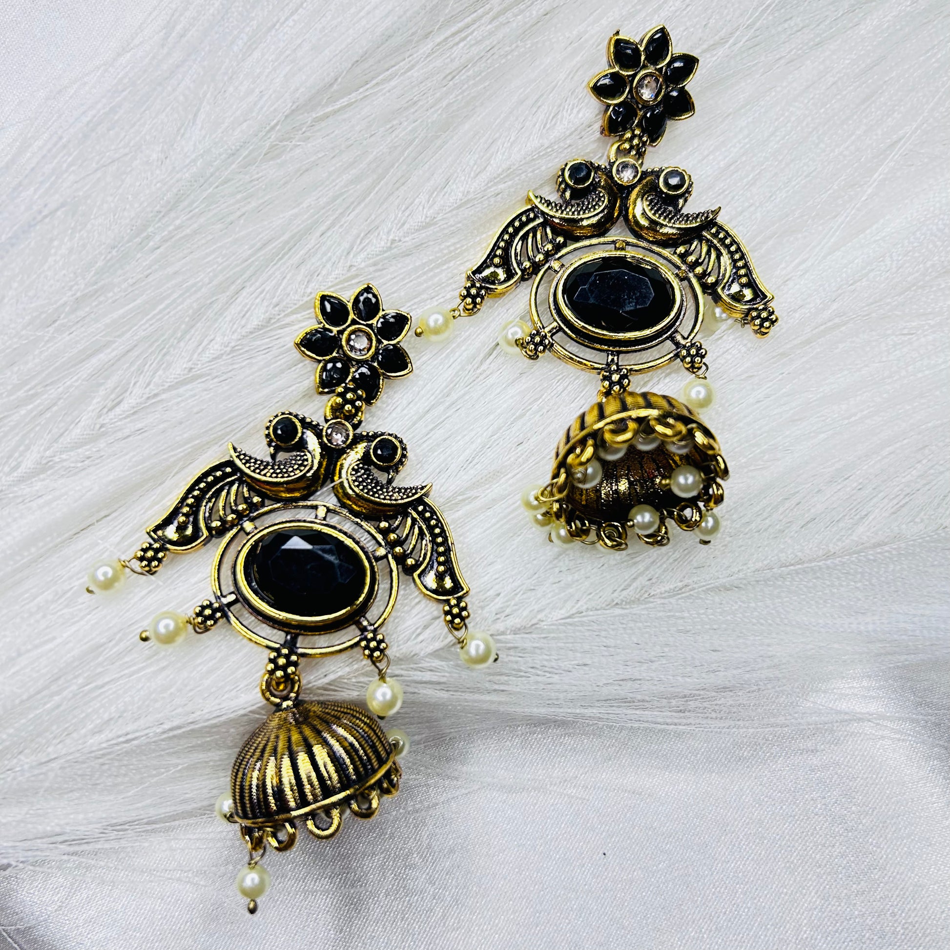 Ethnic Golden Peacock Dangler Earrings with Black Stone