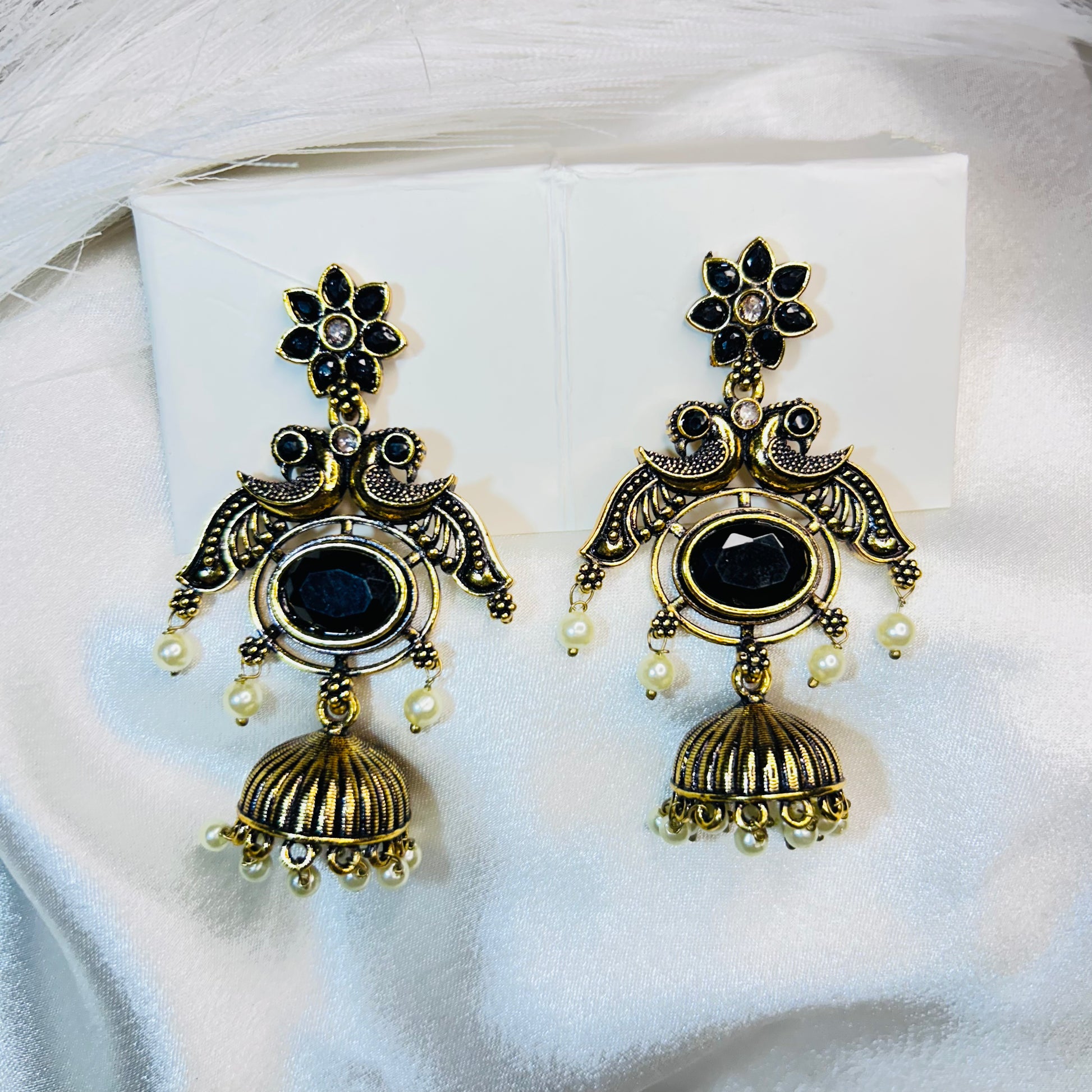 Ethnic Golden Peacock Dangler Earrings with Black Stone