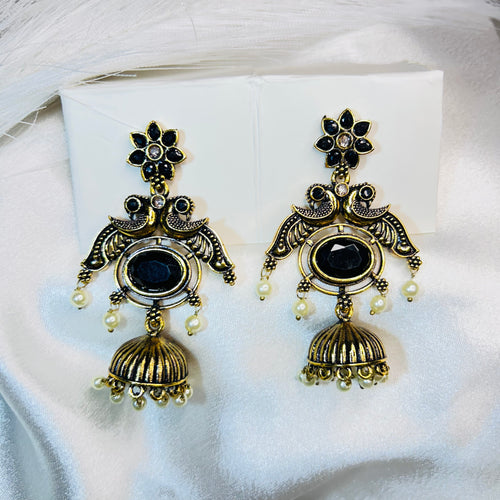Ethnic Golden Peacock Dangler Earrings with Black Stone