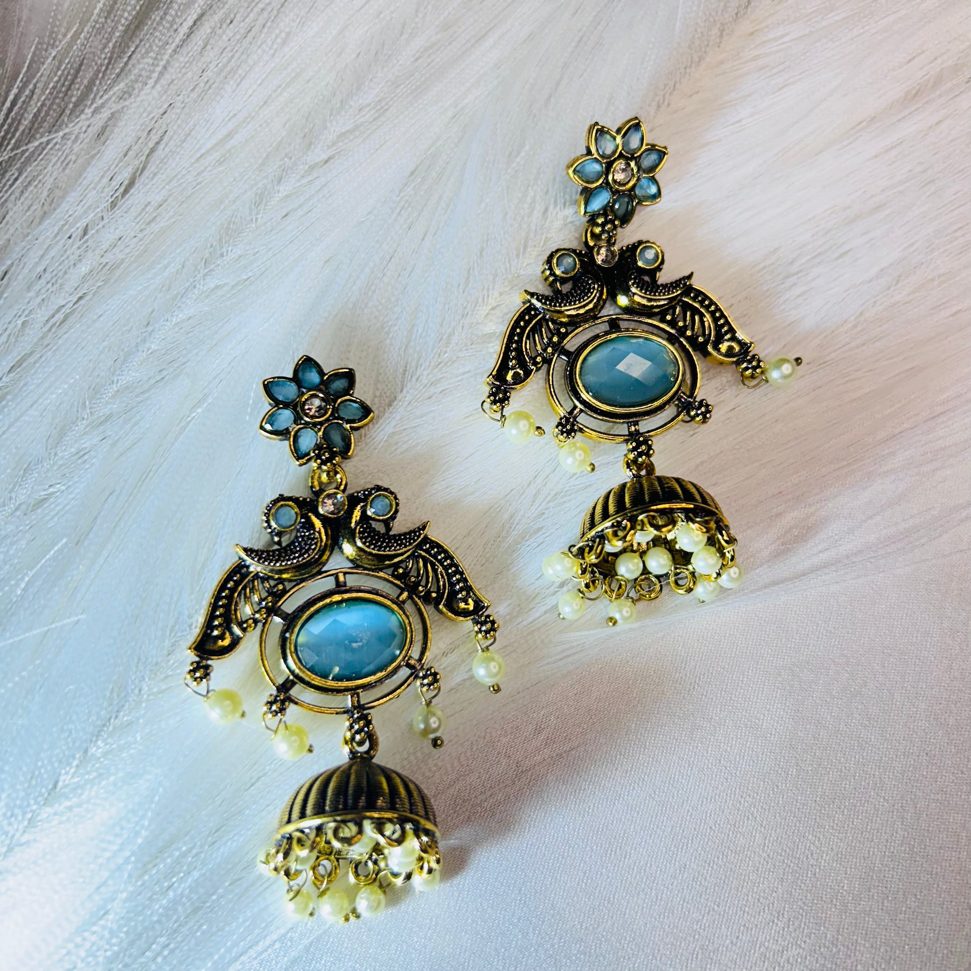 Ethnic Golden Peacock Dangler Earrings with Sky Blue Stone