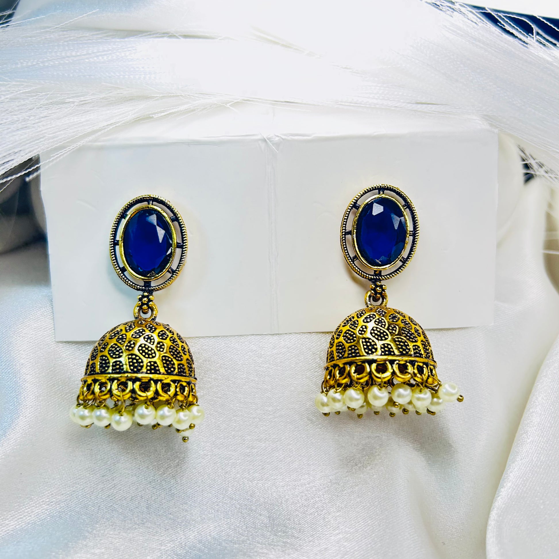 Traditional Golden Jhumka Earrings with Blue Stone – Antique Ethnic Design