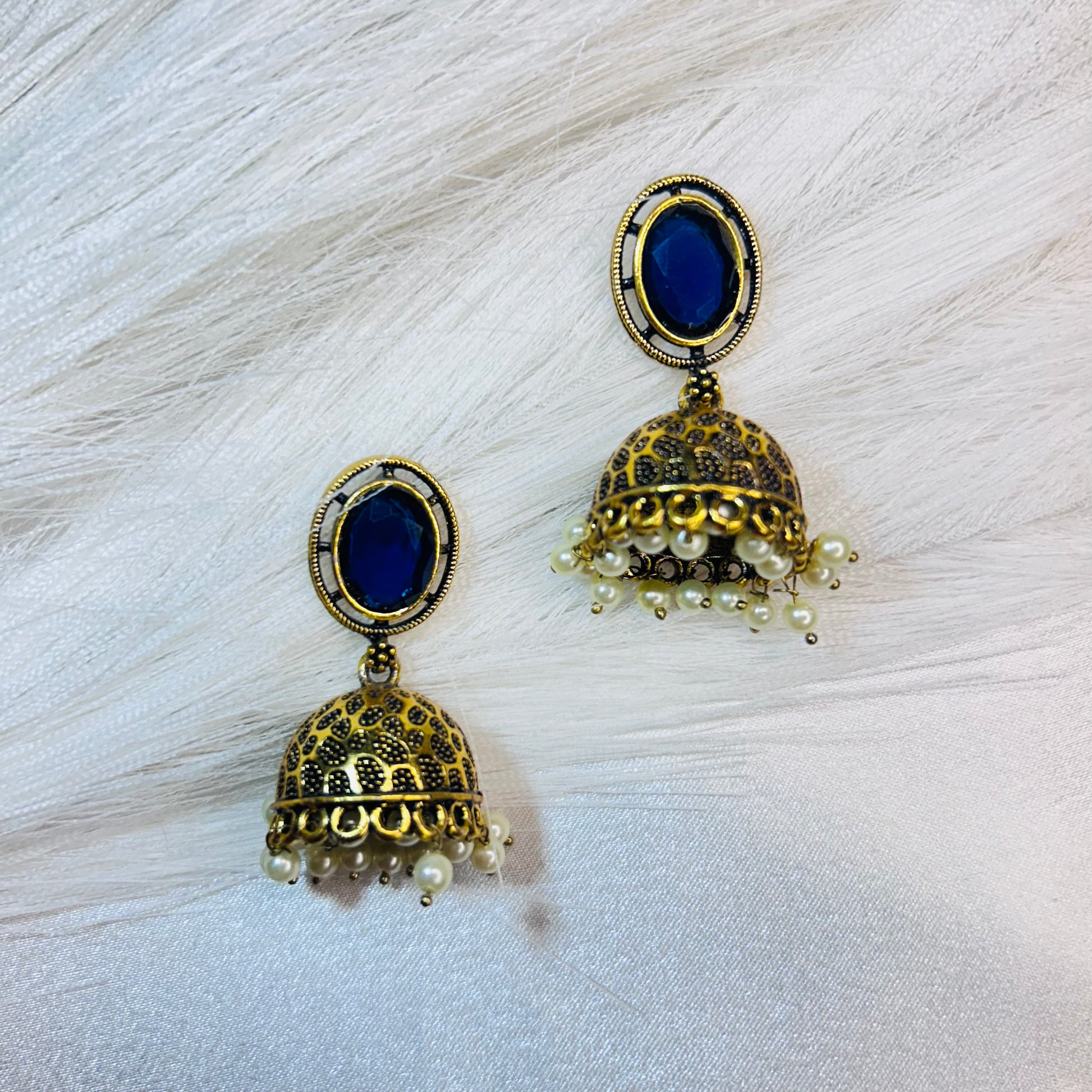 Traditional Golden Jhumka Earrings with Blue Stone – Antique Ethnic Design