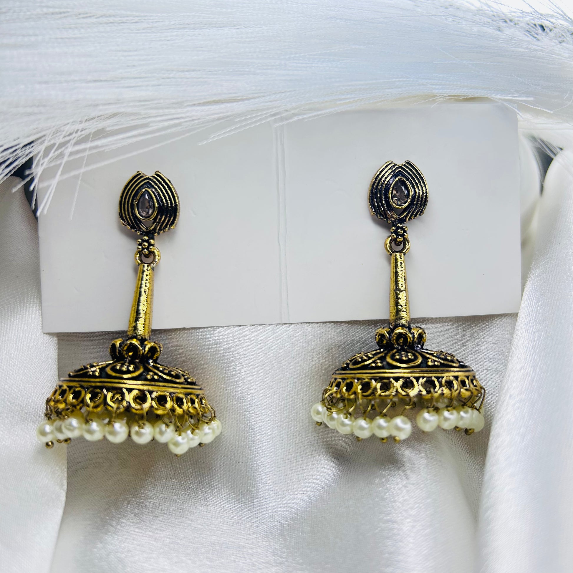 Sleek Golden Jhumka Earrings with Pearl Drops Minimal Ethnic Elegance