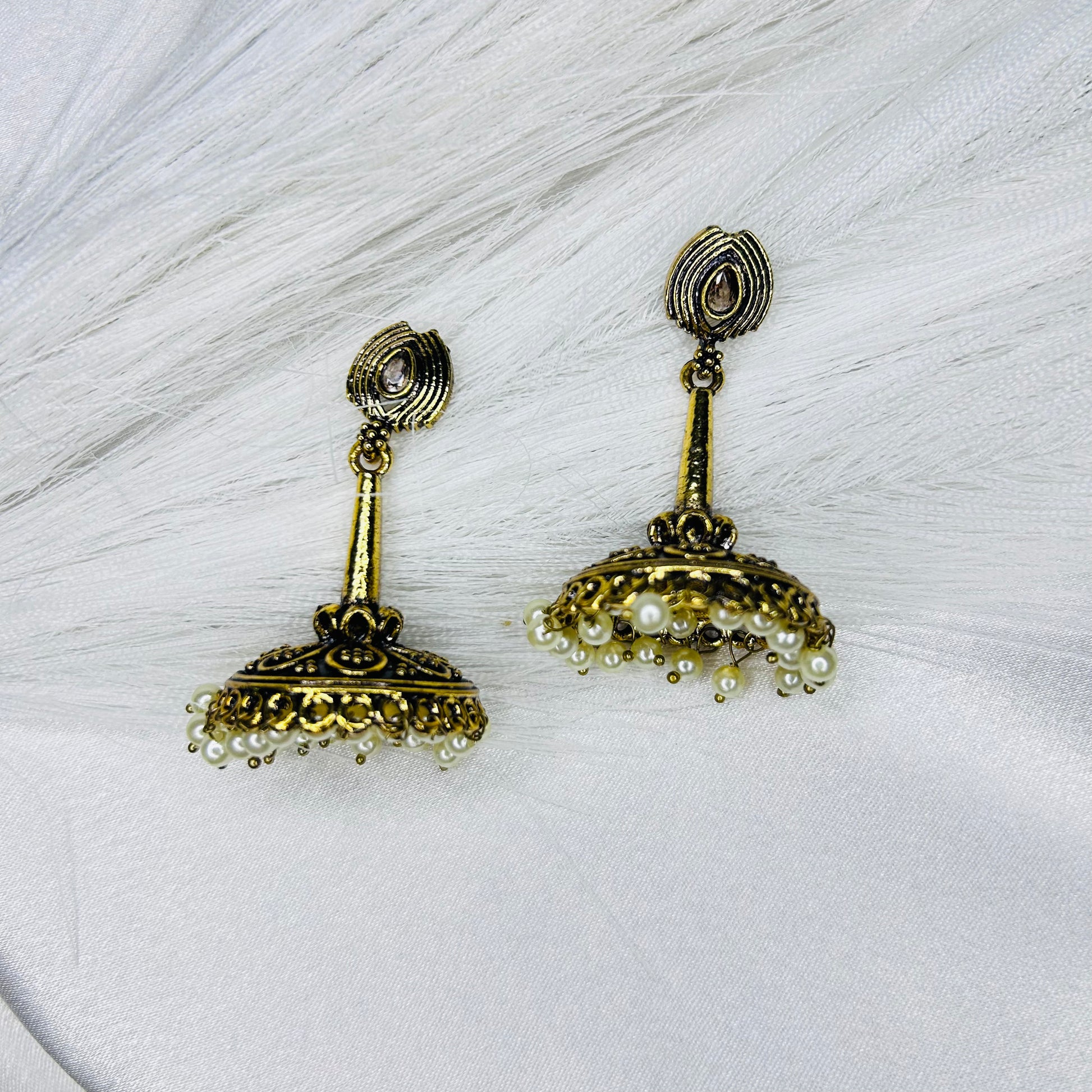 Sleek Golden Jhumka Earrings with Pearl Drops Minimal Ethnic Elegance